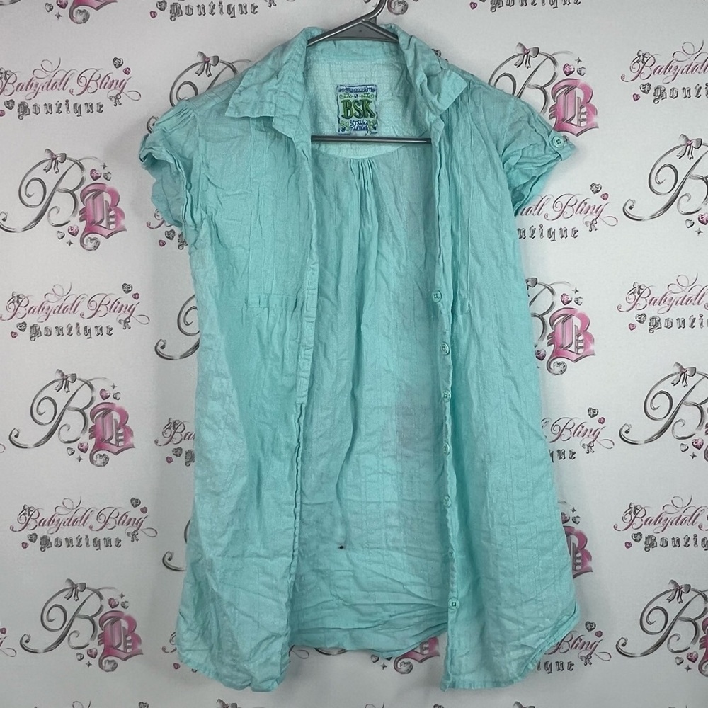 Bershka button down top baby Light Blue Button-Down Shirt crinkle fabric